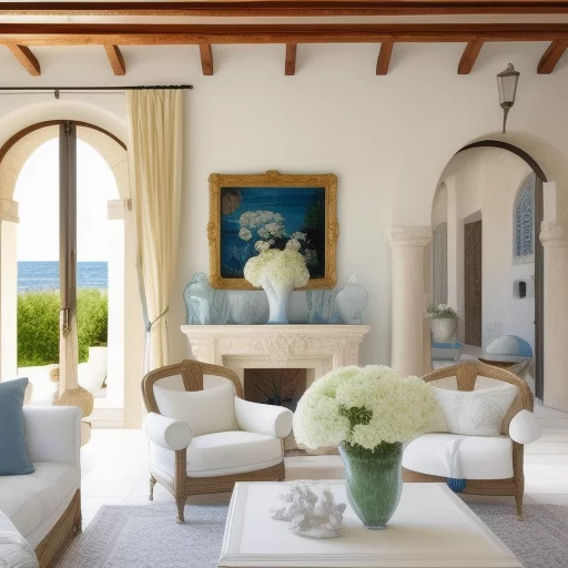 5119365178-south french mediterranean luxurious interior living-room, white walls, flowers in vases, shatters.webp